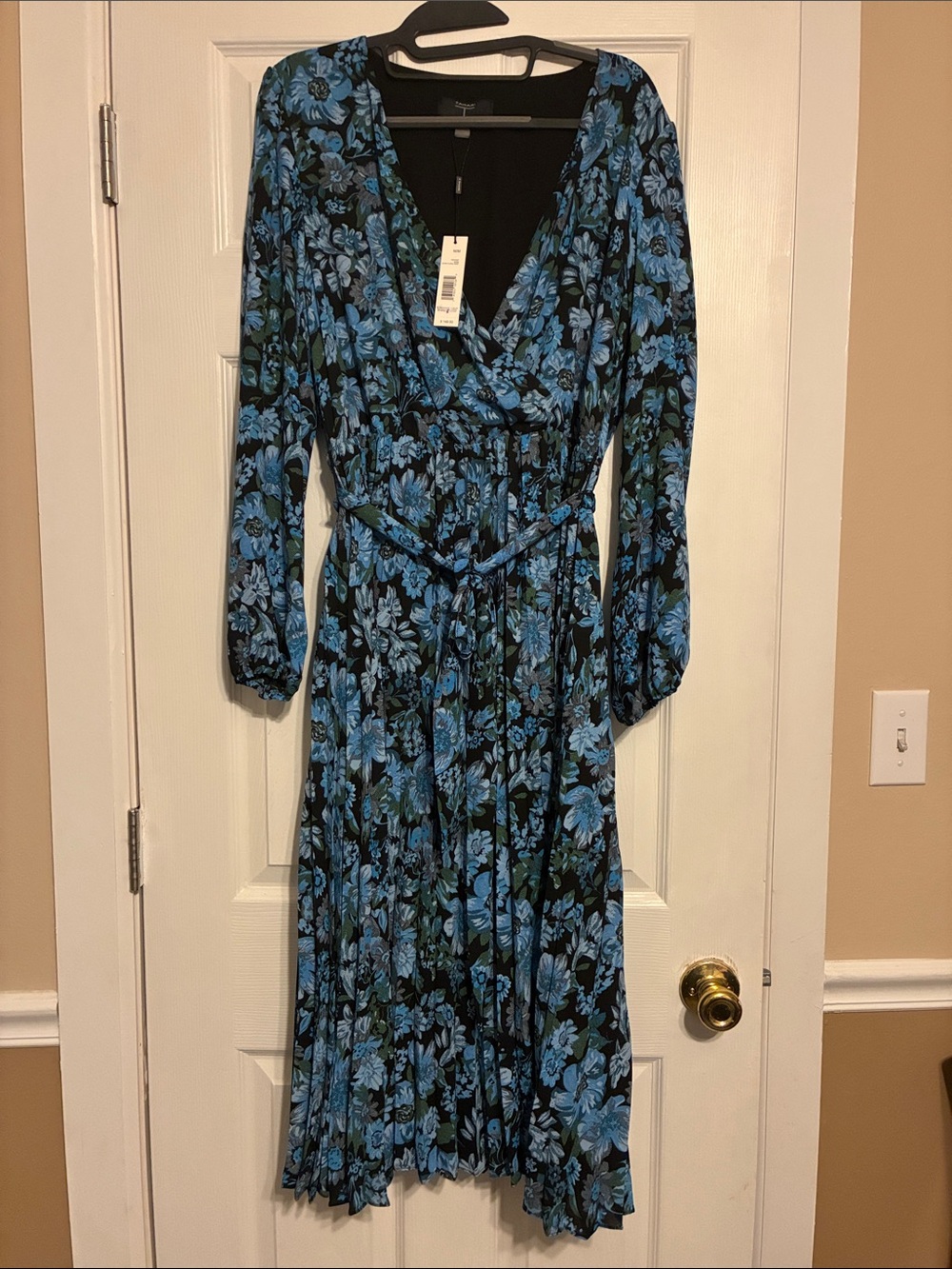 Tahari Black and Blue Floral Wrap Dress with Self-Tie Waist
